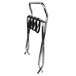 A metal folding luggage rack with black straps on a white background.