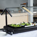 A salad bar with a black Carlisle adjustable double sneeze guard over it.