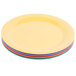 A stack of GET Diamond Mardi Gras melamine plates in assorted colors.