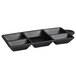 An Elite Global Solutions black rectangular melamine tray with five compartments.