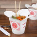 A pair of SmartServ Chinese take out boxes with a printed design filled with food.
