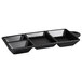 A black rectangular Elite Global Solutions melamine tray with four compartments.