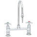 A T&S chrome laboratory faucet with 4 arm handles and a rigid gooseneck spout.