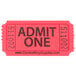 A close-up of a red Carnival King "Admit One" ticket with black text.