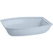 A gray oblong cast aluminum bowl with a curved edge.