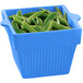 A Tablecraft blue cast aluminum square condiment bowl filled with green beans.