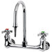 A chrome T&S wall mount laboratory faucet with 4 arm handles, 2 serrated tips, and a gooseneck spout.