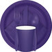 A purple paper plate with a fork, spoon, and knife on it.