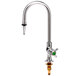 A silver T&S lab faucet with a green handle and serrated tip.