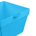 A sky blue cast aluminum square bowl with a Tablecraft logo.