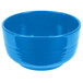 A Tablecraft sky blue cast aluminum fruit bowl with a handle on a white background.