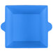 A cobalt blue square bowl with handles.