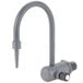A grey T&S wall mount faucet with a rigid gooseneck spout and serrated tip.