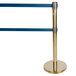 A gold metal stanchion with dual blue retractable belts.