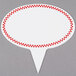 A white oval sign spear with a red checkered border.