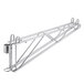 A Metro Super Erecta chrome double level wall mount for shelves with two hooks on it.