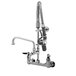 A T&S chrome wall mounted pre-rinse faucet with hose and add-on faucet.