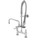 A chrome T&S pre-rinse faucet with a hose and sprayer.