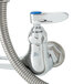A T&S chrome wall mount pet grooming faucet with a blue hose.