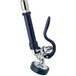 A metal T&S pet grooming faucet with a blue handle.