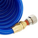 A blue coiled polyurethane hose with a brass connector.