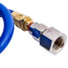 A close-up of a blue hose with a gold nut.