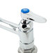A chrome T&S pet grooming deck mount faucet with blue handles and a blue button.