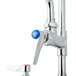 A T&S chrome pet grooming faucet with blue handles and a blue button.