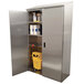 A stainless steel Advance Tabco mop sink cabinet with a yellow bucket and cleaning supplies.