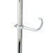 A metal pole with a round metal hook on a white background.