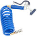 A blue coiled polyurethane hose with a handle and hose clamp.