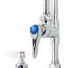 A close-up of a chrome T&S pet grooming faucet with blue and red handles.