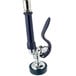 A close-up of a T&S black and blue metal pipe with a faucet handle.