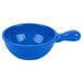 A cobalt blue Tablecraft soup bowl with a handle.