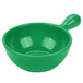 A green Tablecraft cast aluminum soup bowl with a handle.