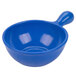 A blue Tablecraft cast aluminum soup bowl with a handle.