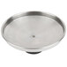A silver stainless steel round cover with a black handle.