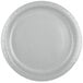 A close-up of a Creative Converting Shimmering Silver paper plate with a white rim.