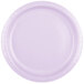 A close-up of a Creative Converting Luscious Lavender paper plate with a purple background.