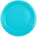 A close-up of a Creative Converting Bermuda Blue paper plate with a white border.