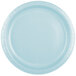 A pastel blue paper plate with a white border.
