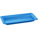 A Tablecraft sky blue rectangular cast aluminum tray with a curved edge.