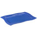 A blue rectangular cast aluminum platter with a curved edge.