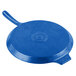 A blue cast aluminum pizza tray with a handle.