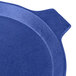 A blue round Tablecraft cast aluminum pizza tray with a curved handle.