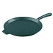 A hunter green cast aluminum round pan with a handle.
