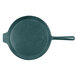 A hunter green cast aluminum pizza tray with a handle.