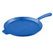 A blue Tablecraft cast aluminum pizza tray with a handle.