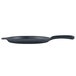A black Tablecraft cast aluminum pizza tray with a handle.