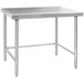 A rectangular Eagle Group stainless steel work table with an open metal base.